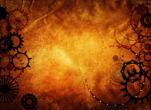 Steampunk vintage metal frame background with rusty grunge collage, cogs, dark elements, wheels and gears on paper canvas dirty texture 