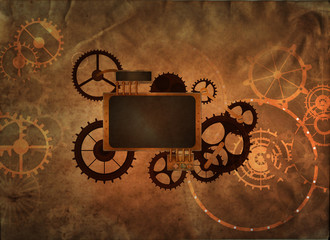 Vintage frame steampunk background, cogs and gears on canvas paper