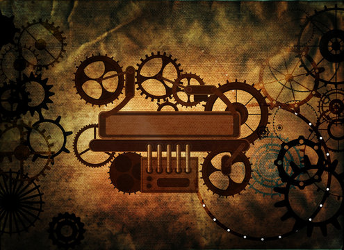 Steampunk background vintage frame cogs, gears on canvas paper, old retro