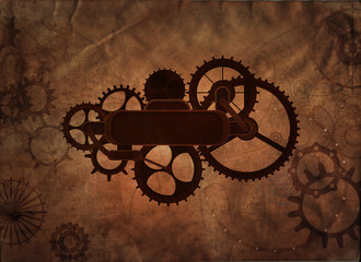 Fototapeta na wymiar Steampunk vintage metal frame background with rusty grunge collage, cogs, dark elements, wheels and gears on paper canvas dirty texture 