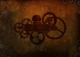 Steampunk background vintage frame cogs, gears on canvas paper, old retro
