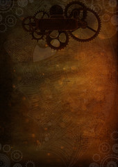 Steampunk background vintage frame cogs, gears on canvas paper, old retro