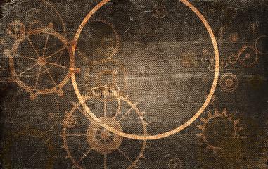 Fototapeta na wymiar Steampunk vintage frame background, cogs and gears on grunge canvas paper