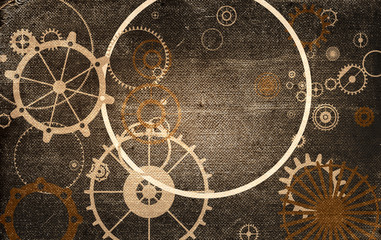 Steampunk vintage metal frame background with rusty grunge collage, cogs, dark elements, wheels and gears on paper canvas dirty texture 