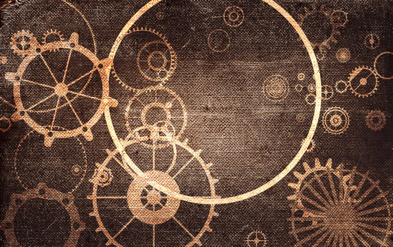 Steampunk vintage metal frame background with rusty grunge collage, cogs, dark elements, wheels and gears on paper canvas dirty texture © magerram