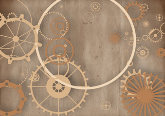 Fototapeta na wymiar Steampunk vintage frame background, cogs and gears on grunge canvas paper
