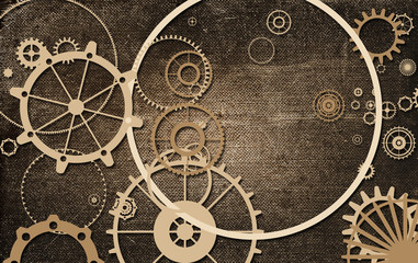 Vintage steampunk background, cogs and gears on grunge old canvas paper