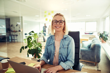 Smiling businesswoman sitting at her desk in an office desk