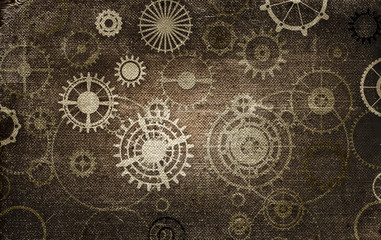 Fototapeta na wymiar Vintage steampunk background, cogs and gears on grunge old canvas paper