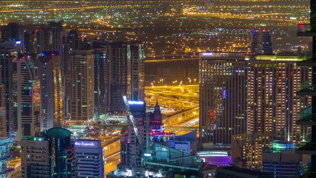 Night illumination of Dubai Marina aerial time-lapse, UAE