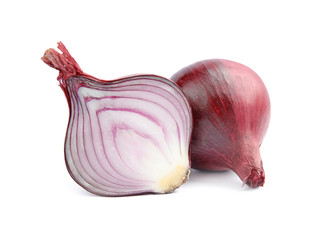 Ripe red onions on white background