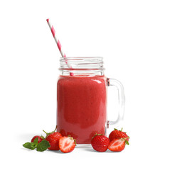 Mason jar with tasty strawberry smoothie on white background