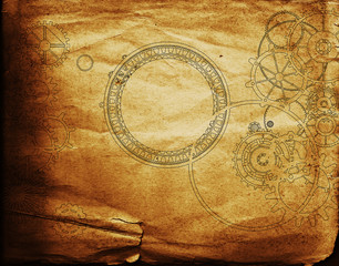 Fototapeta na wymiar Vintage steampunk background, cogs and gears on grunge old canvas paper