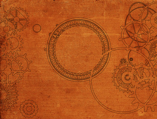 Vintage steampunk background, cogs and gears on grunge old canvas paper