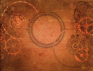Steampunk vintage metal frame background with rusty grunge collage, cogs, dark elements, wheels and gears on paper canvas dirty texture 