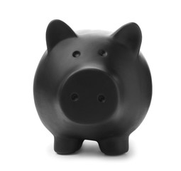 Black piggy bank on white background. Money saving