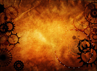 Vintage steampunk background, cogs and gears on grunge old canvas paper