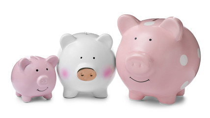 Different cute piggy banks on white background. Money saving