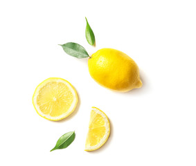 Flat lay composition with lemons and leaves on white background