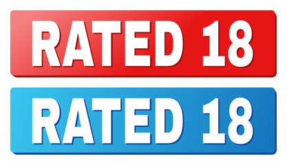RATED 18 text on rounded rectangle buttons. Designed with white title with shadow and blue and red button colors.