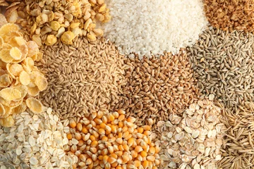Foto op Plexiglas Different types of grains and cereals as background © New Africa