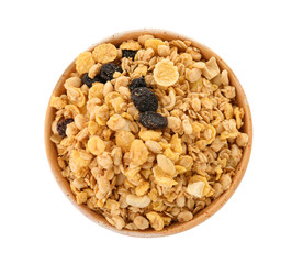 Bowl with muesli and raisins on white background. Healthy grains and cereals
