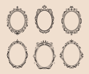Decorative oval vintage frames and borders set. Victorian and baroque style design. Elegant royal-style frame shapes with swirls for labels,tags and invitations. Vector illustration. - obrazy, fototapety, plakaty