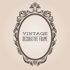 Oval vintage ornate border frame with retro pattern, victorian and baroque style decorative design. Simple and elegant oval frame shape with swirls for labels, logo and pictures. Vector illustration.