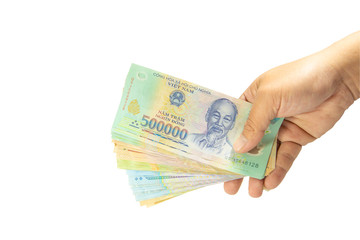 Clipping path Money in Vietnam on left hand (Socialist Republic Of Vietnam), Dong, VND, Pay, exchange money isolated on white background.