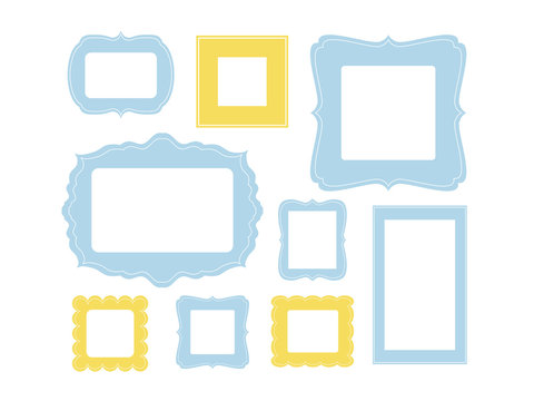 Set of cartoon picture frames organized as gallery wall. Blank frames isolated on white vector illustration. Balanced composition. Ready collage for photos or pictures