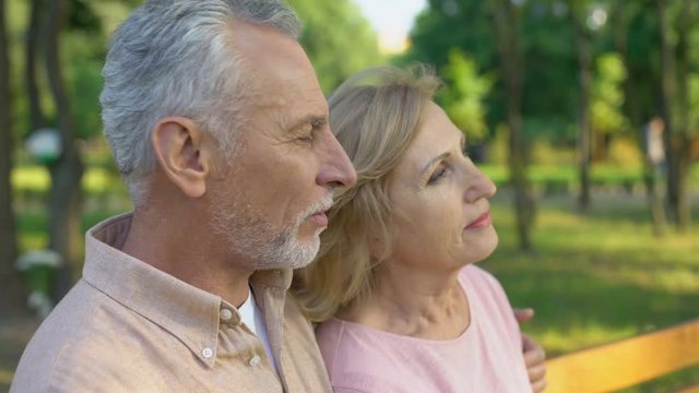 Old Couple Watching Sunset In Park, Happy Marriage Romance, Magic Hour