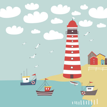Vector illustration with lighthouse and fishing boats