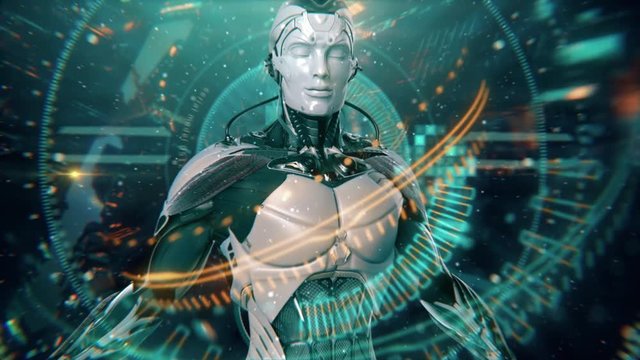 Technology in future, highly detailed robot in virtual space, digital background