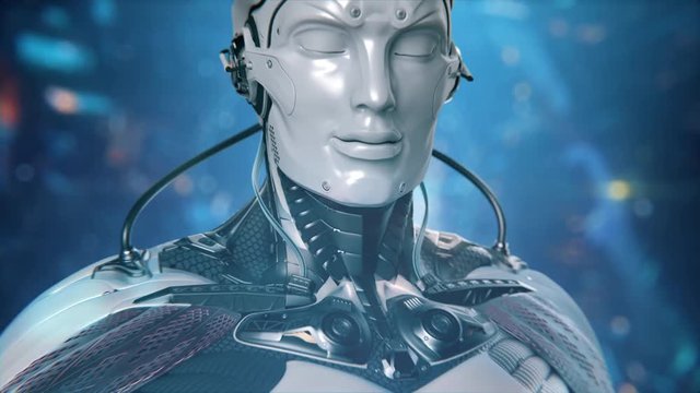 Technology in future, highly detailed robot in virtual space, digital background