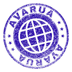 AVARUA stamp print with distress texture. Blue vector rubber seal print of AVARUA label with unclean texture. Seal has words arranged by circle and planet symbol.