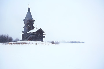 Fototapeta na wymiar landscape in russian kizhi church winter view / winter season snowfall in landscape with church architecture