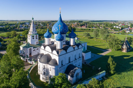 Suzdal, the Golden Ring of Russia. Aerial view of the Nativity Cathedral and the bell tower of the Suzdal Kremlin.