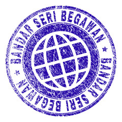 BANDAR SERI BEGAWAN stamp print with grunge style. Blue vector rubber seal print of BANDAR SERI BEGAWAN tag with retro texture. Seal has words arranged by circle and planet symbol.