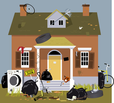 Exterior Of A House, Covered With Garbage, Clutter And Debris, EPS 8 Vector Illustration