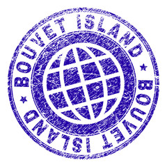BOUVET ISLAND stamp print with grunge texture. Blue vector rubber seal print of BOUVET ISLAND text with dust texture. Seal has words arranged by circle and globe symbol.