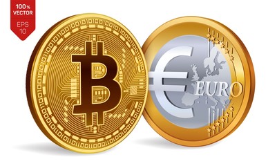 Bitcoin. Euro coin. 3D isometric Physical coins. Digital currency. Cryptocurrency. Golden coins with Bitcoin and Euro symbol isolated on white background. Vector illustration.