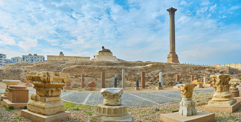 Panorama with Pompey's Pillar and sphinx, Alexandria, Egypt