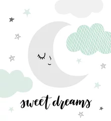 Papier Peint photo Lavable Chambre de bébé Illustration de lune vectorielle mignonne avec la phrase à la main Sweet Dreams. Personnage de lune endormi et souriant avec des nuages et des étoiles dans un style scandinave. Couleurs douces et pastel.