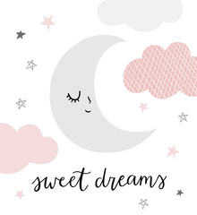 Sweet dreams hand calligraphy. Childish sleeping moon character for baby in pastel colors. Vector illustration of night sky.