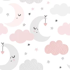 Fototapete Wolken Niedliches Himmelsmuster. Nahtloses Vektordesign mit lächelndem, schlafendem Mond, Herzen, Sternen und Wolken. Baby-Abbildung.