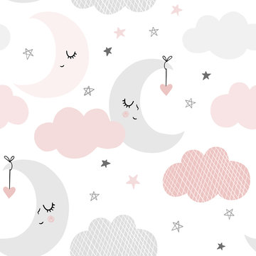 Cute sky pattern. Seamless vector design with smiling, sleeping moon, hearts, stars and clouds. Baby illustration. 