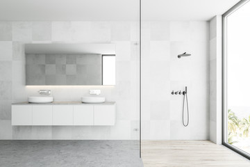 White Scandinavian bathroom interior, sink, shower