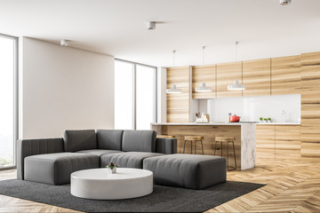 Wooden kitchen and living room corner