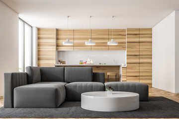 Wooden kitchen and living room interior