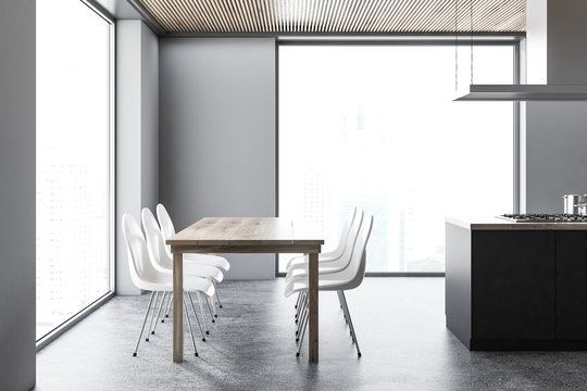 Gray panoramic dining room inteiror
